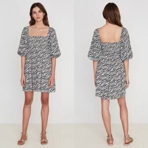 Faithfull the Brand Dress Womens 6 Black White Alina Smocked Zebra Square Neck